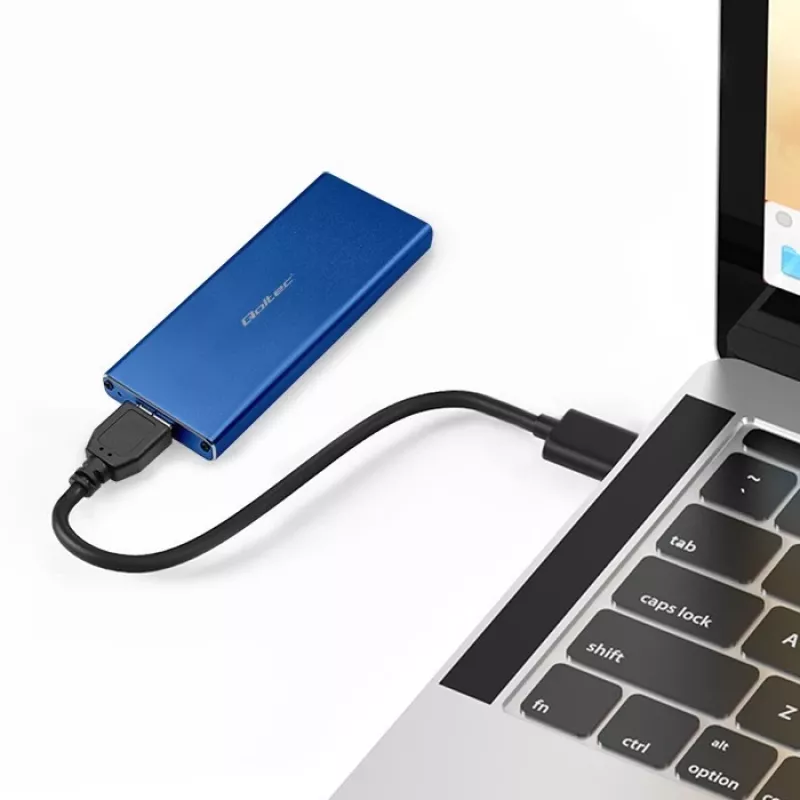 Carcasa SSD QOLTEC 51832 — externa M.2 SATA, USB 3.0, hasta 2 TB, azul, compatible con unidades de 30 mm, 4 ranuras