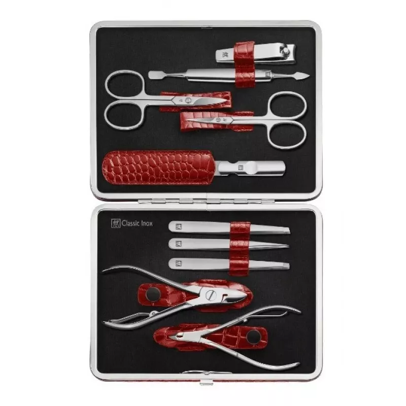 Zwilling Classic set de manicura de acero inoxidable – estuche de cuero, 10 piezas - rojo