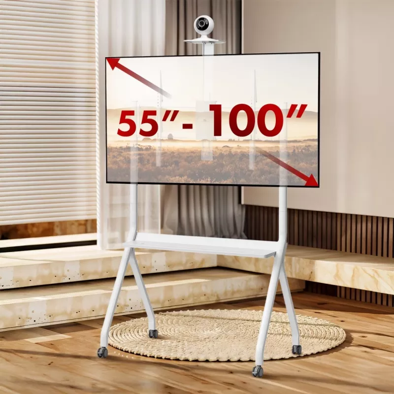 Soporte de TV de suelo MACLEAN MC-114 W para pantallas 55 inch–100 inch, blanco, VESA hasta 900x600, carga máxima 120 kg, altura 115–152 cm, estante