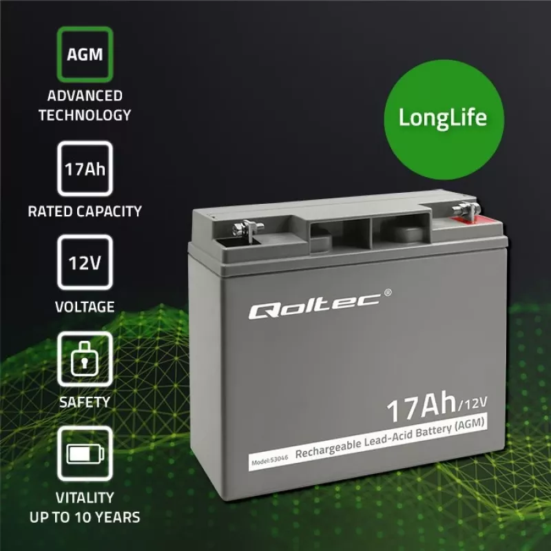 Qoltec 53046 batería AGM 12 V 17 Ah, máx. 255 A