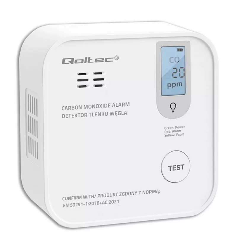 Sensor de monóxido de carbono QOLTEC 52577 — alarma a pilas, nivel sonoro 85 dB
