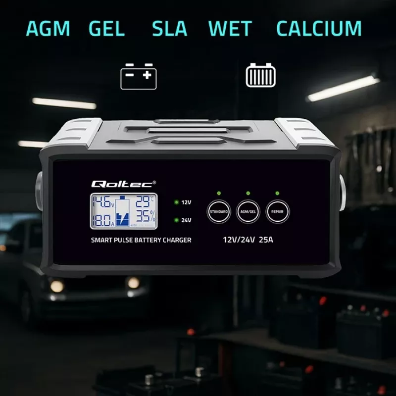 Cargador de baterías QOLTEC 52514 — 12V/24V, 25A, para baterías AGM/GEL/SLA con pantalla LCD