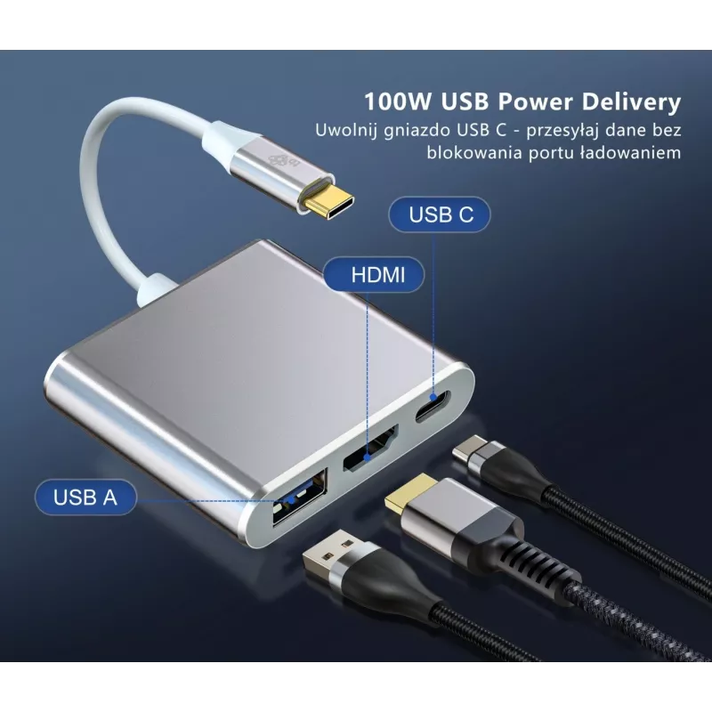 Adaptador hub USB-C TB AKTBXVAU3HMPDAV — 3 en 1: HDMI + USB-A + USB-C PD, plata
