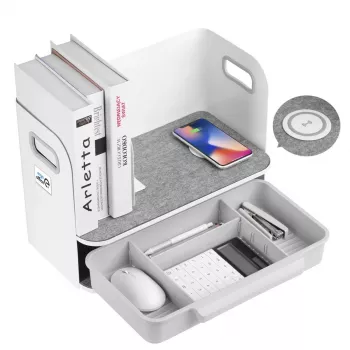 Organizador de escritorio con cajón y cargador inalámbrico Ergo Office, blanco, máx. 10 kg, ER-441