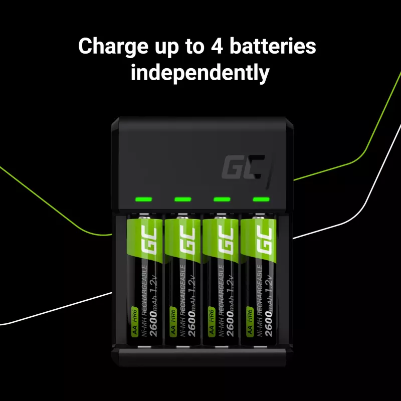 Cargador de pilas Green Cell GC VitalCharger USB, 4 ranuras, AA/AAA, alimentado por USB, negro