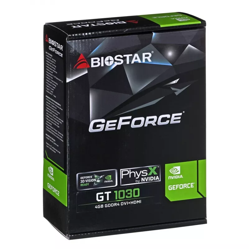 Tarjeta gráfica BIOSTAR GeForce GT 1030 — 4 GB GDDR4, 64-bit, PCIe x16 4.0, refrigeración activa, DVI-D + HDMI