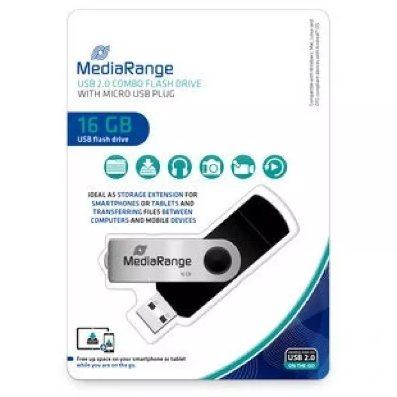 MEDIARANGE MR931-2 - 16 GB - USB Type-A / Micro-USB - 2.0 - 15 MB/s - Anillo giratorio - Plata - Negro