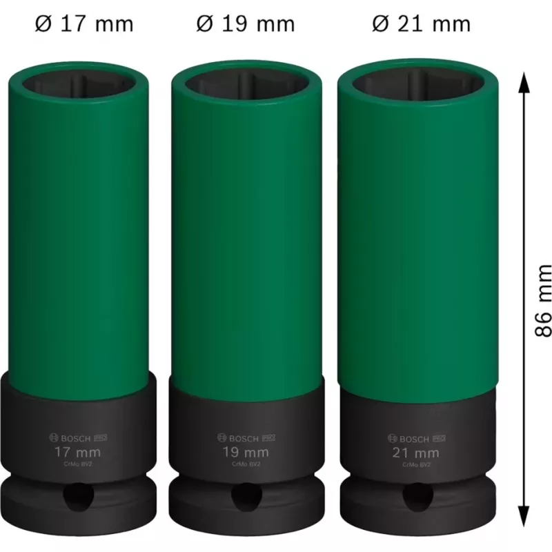 Set de llaves de impacto Bosch PRO 1/2 inch, 3 piezas, vasos profundos con protección de llantas