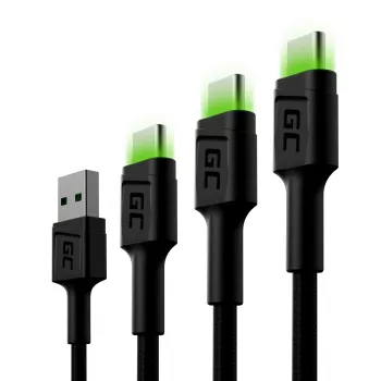 Set de cables USB-C Green Cell GC Ray — USB A a USB C 3 longitudes (30 cm, 120 cm, 200 cm), USB PD, 480 Mbit/s, 2,4 A, negro
