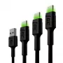 Green Cell GC Ray KABGCSET01 juego de cables USB-A a USB-C, 3 uds. (30 cm, 120 cm, 200 cm), LED verde, carga rápida QC 3.0, negro