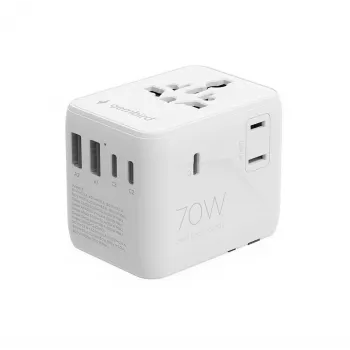 Adaptador de viaje GEMBIRD TPA-2A3C70-01-W – enchufe Type I, 3× USB-C (70 W), 2× USB-A (18 W), 100–250 V, blanco