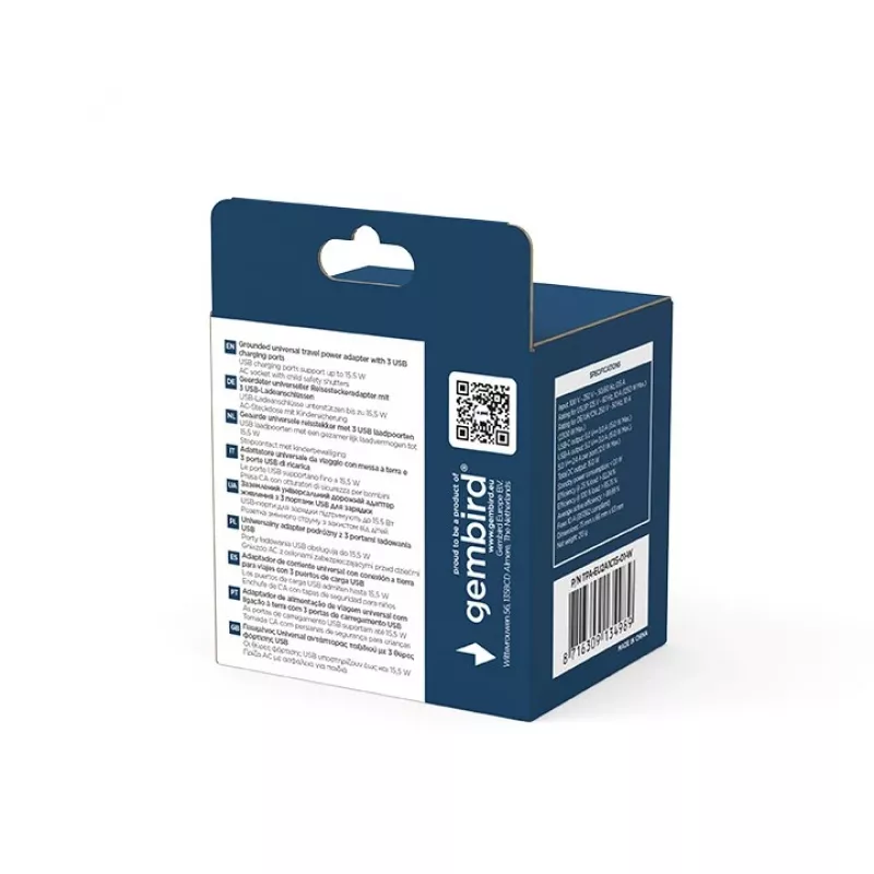 Adaptador de viaje GEMBIRD TPA-EU2A1C15-01-W – 15W, conector Type-E, 2× USB-A + 1× USB-C, 100–250V