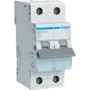 Hager MCN516. Número de polos: 2 polos. Frecuencia de entrada de corriente alterna: 50/60 Hz, corriente nominal de servicio: 16 A. Ancho: 35 mm, profundidad: 70 mm, altura: 83 mm (MCN516)