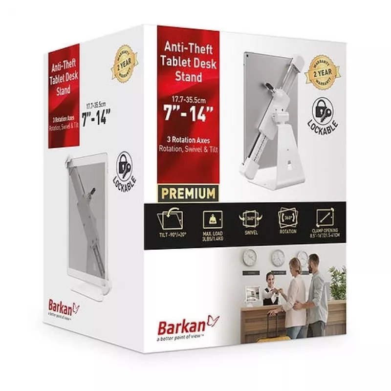 Barkan T71HL soporte de escritorio para tablet con cerradura 7–14 pulgadas, giratorio 360°, blanco