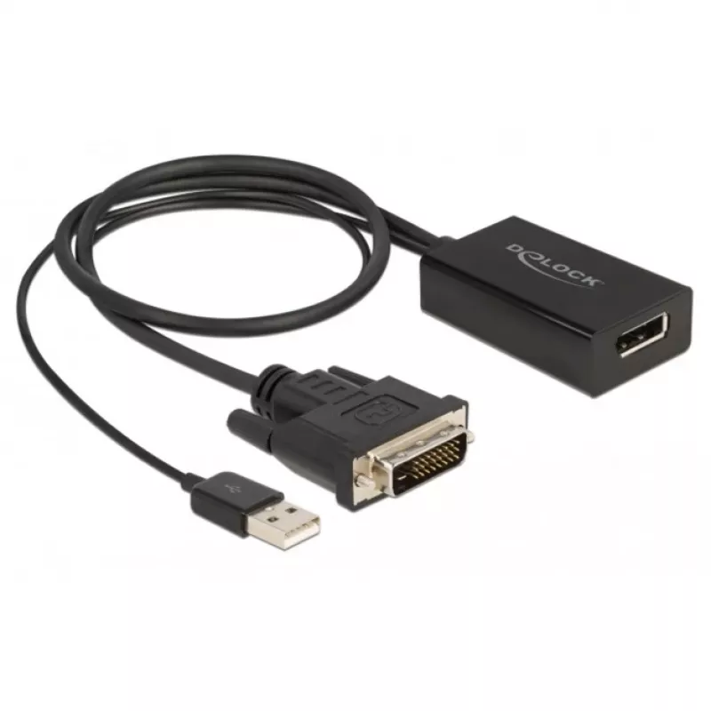 Delock - Cable adaptador - DVI-D, USB (solo alimentación) (M) a DisplayPort (H) - DisplayPort 1.2 - 50 cm - Compatible con 4K 30 Hz - Negro (63189)