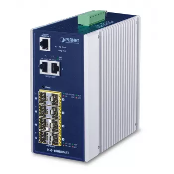 Switch de red gestionado PLANET IGS-10080MFT — 2 x Gigabit RJ-45, 8 x SFP, 12–48V DC, gestionado, IP30
