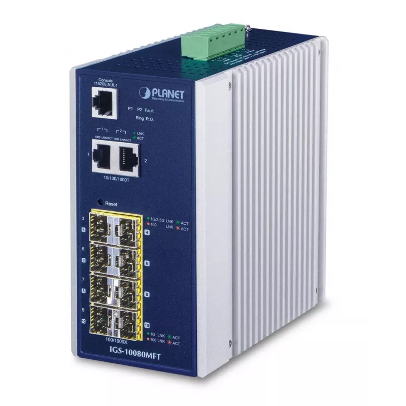 Switch de red gestionado PLANET IGS-10080MFT — 2 x Gigabit RJ-45, 8 x SFP, 12–48V DC, gestionado, IP30