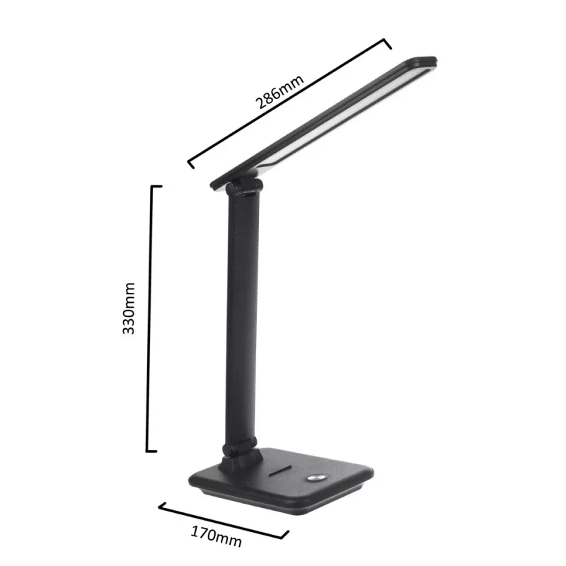Lámpara de mesa LED MACLEAN MCE614B — regulable, brazo plegable ajustable, 9W, 3000K/4500K/6500K, negra