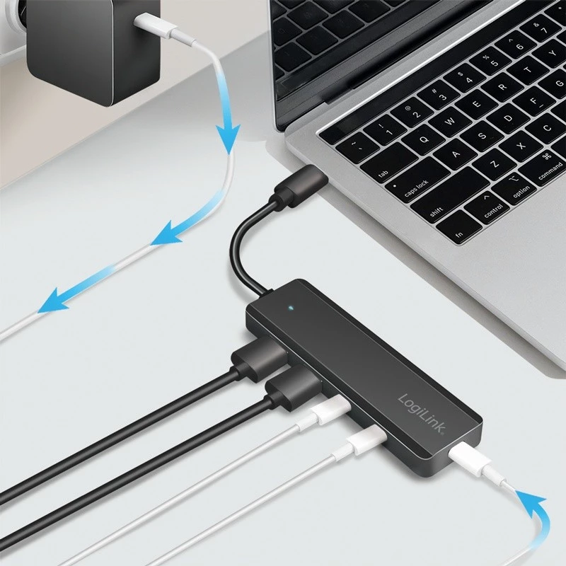 Hub USB-C, 4 puertos 2x USB-A, 2x USB-C, Negro