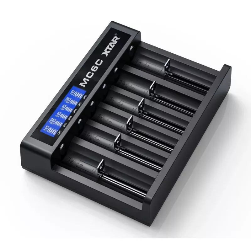 XTAR MC6C cargador multislot inteligente para celdas cilíndricas de Li-Ion, 6 ranuras, compatible con 18650/21700/AA, entrada 5V, negro