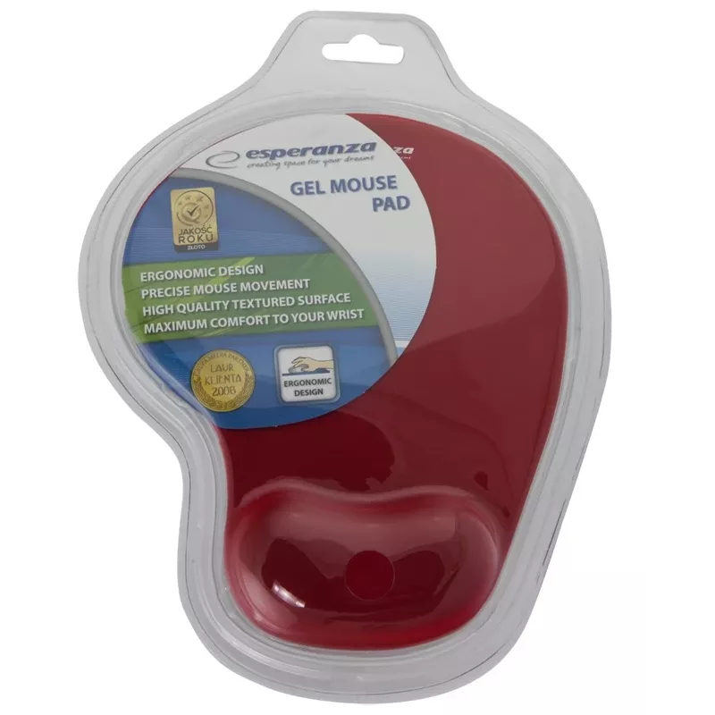 Alfombrilla de ratón ESPERANZA EA137R — superficie de gel roja, base antideslizante, reposamuñecas integrado