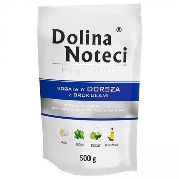 Comida húmeda para perros dolina noteci Premium rica en bacalao con brócoli 500 g – alimento completo para perros adultos