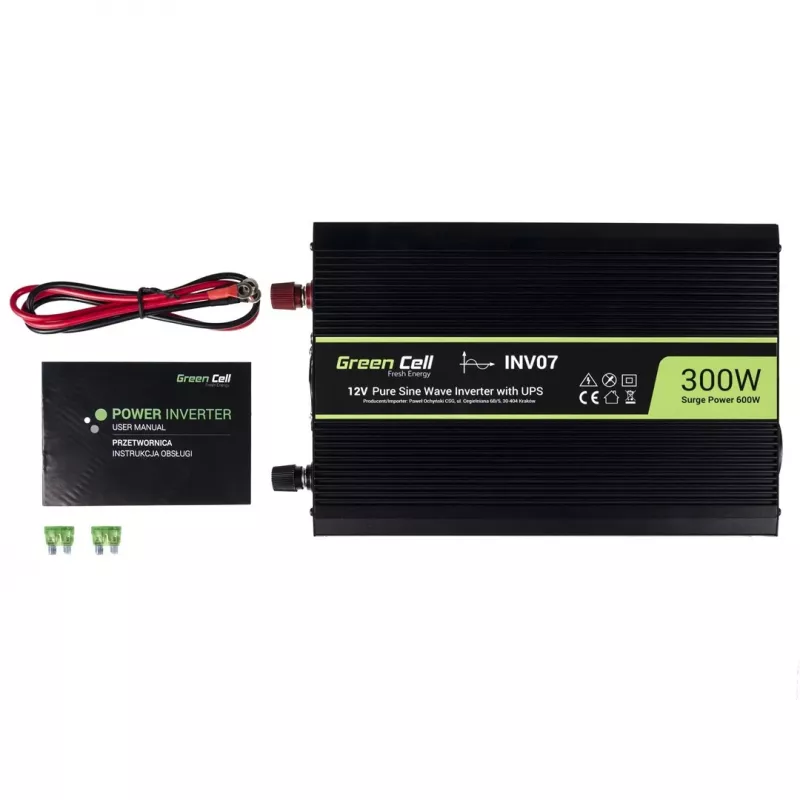 Convertidor de tensión Green Cell INV07, DC 12 V a AC 230 V, 300 W, 50 Hz, conector Type-C, negro