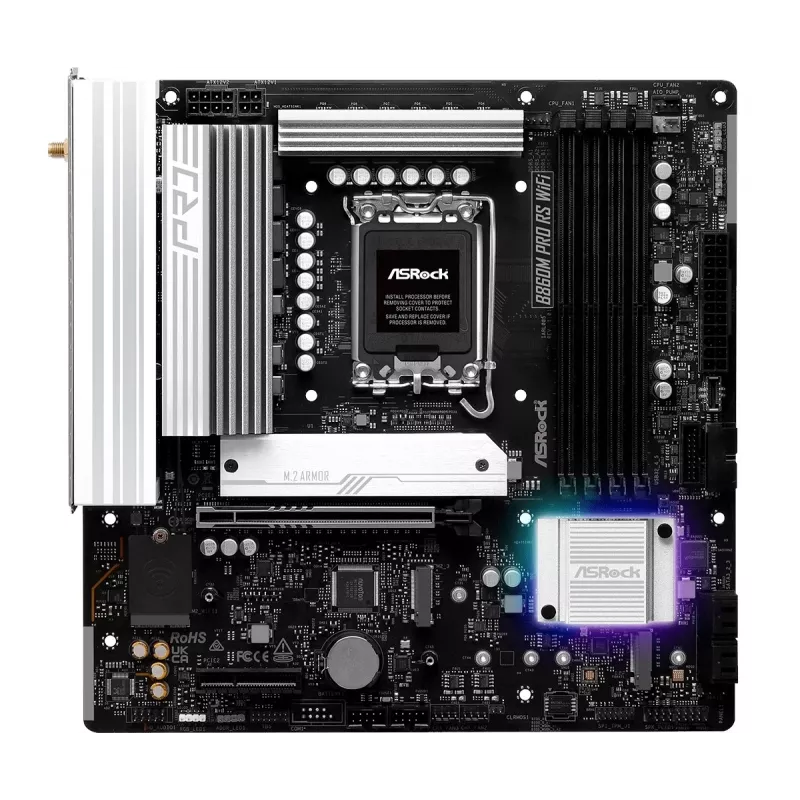 Placa base ASRock B860M Pro RS WiFi — Intel B860, LGA 1851, micro ATX, DDR5, 4 DIMM, 3x M.2, 2.5Gb LAN, Wi‑Fi, Bluetooth
