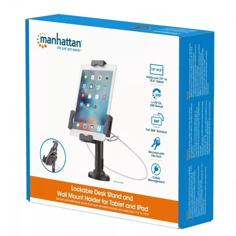 Soporte de mesa para iPad y tablet Manhattan, con cerradura, montaje en pared, protección antirrobo segura, tablets de 7,9 pulgadas a 10,5 pulgadas, giro 360°, inclinación +/- 70°, rotación 330°, negro, garantía de por vida