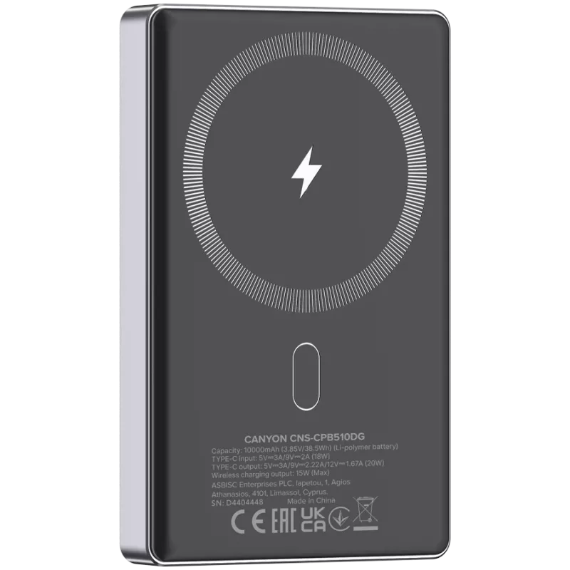 Canyon OnCharge 510 - Batería externa - 10.000 mAh - entrada USB-C - salida USB-C PD 20W + Wireless Magnet