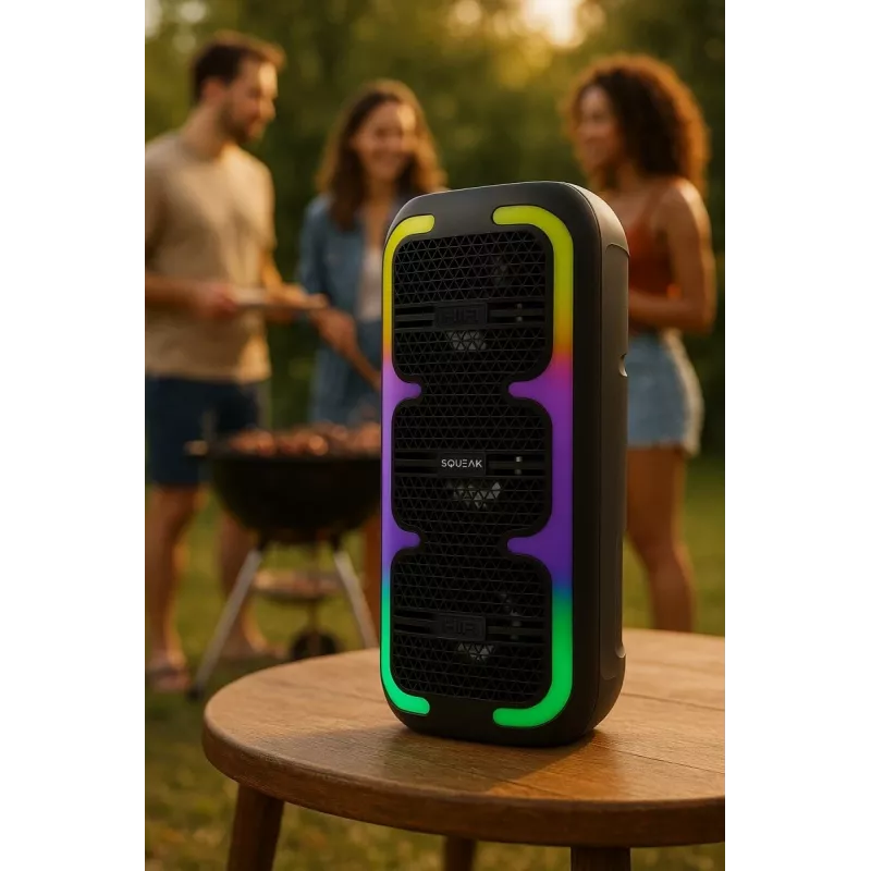 Altavoz estéreo portátil SQUEAK SQ1009 – Bluetooth 5.3, 45 W RMS, 10 h de autonomía, FM, USB, AUX, LED, 1800 mAh, negro