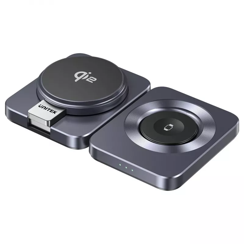 Estación de carga inalámbrica plegable 3 en 1 UNITEK P1300AGY01 Qi2 15 W, gris