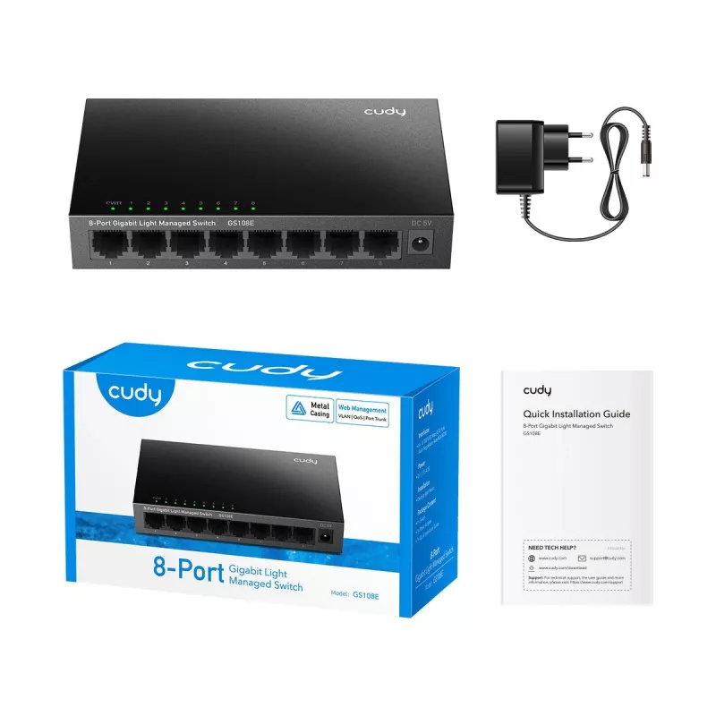 Switch gestionado Cudy GS108E 8 puertos Gigabit Ethernet, 8x 10/100/1000 Mbps, carcasa de metal, conmutación 16 Gbps, IGMP y DHCP Snooping