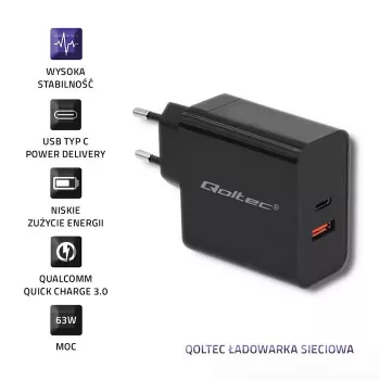 Fuente de alimentación QOLTEC 51716 — AC 220–240V a 20V 3A (63W), negra, cargador universal de interior