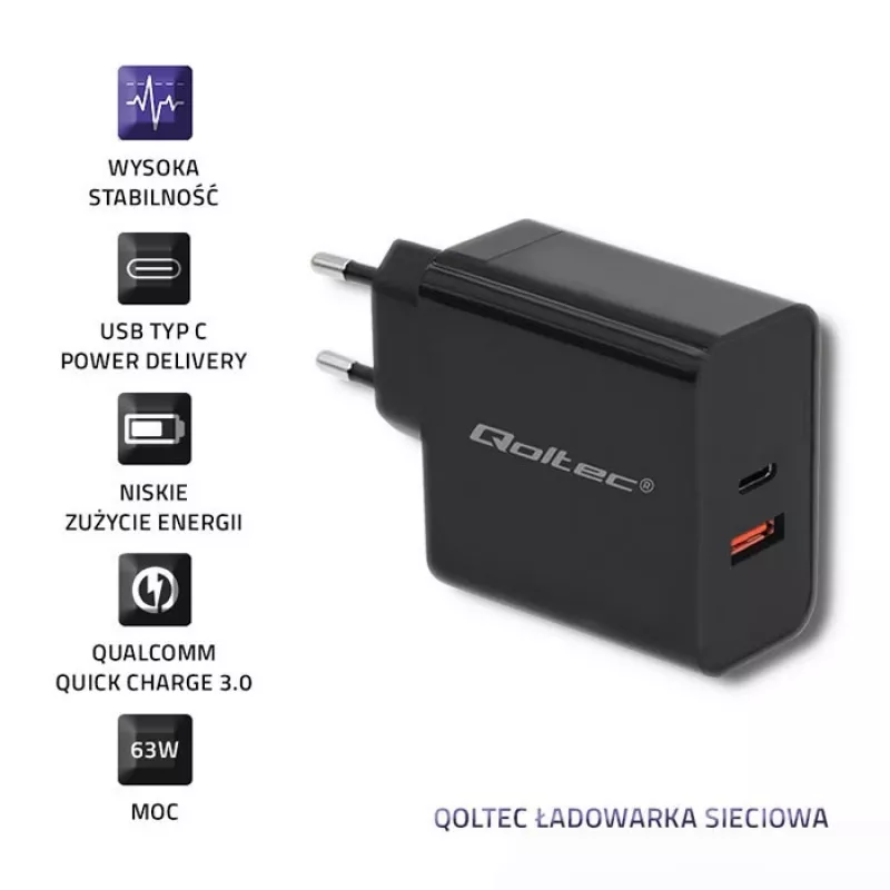 Qoltec 51716 cargador de pared 63 W, USB-C PD + USB QC 3.0, 5-20 V 1,5-3 A, negro