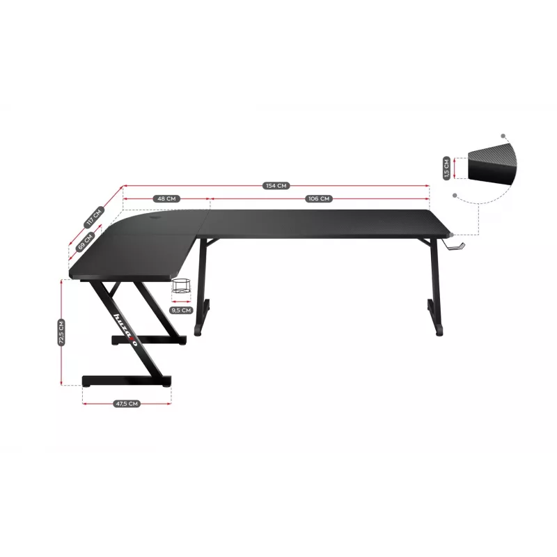 Huzaro Hero 7.0 escritorio gaming de esquina para ordenador, rectangular, fibra de carbono, aluminio, 154×48×72,5 cm, negro