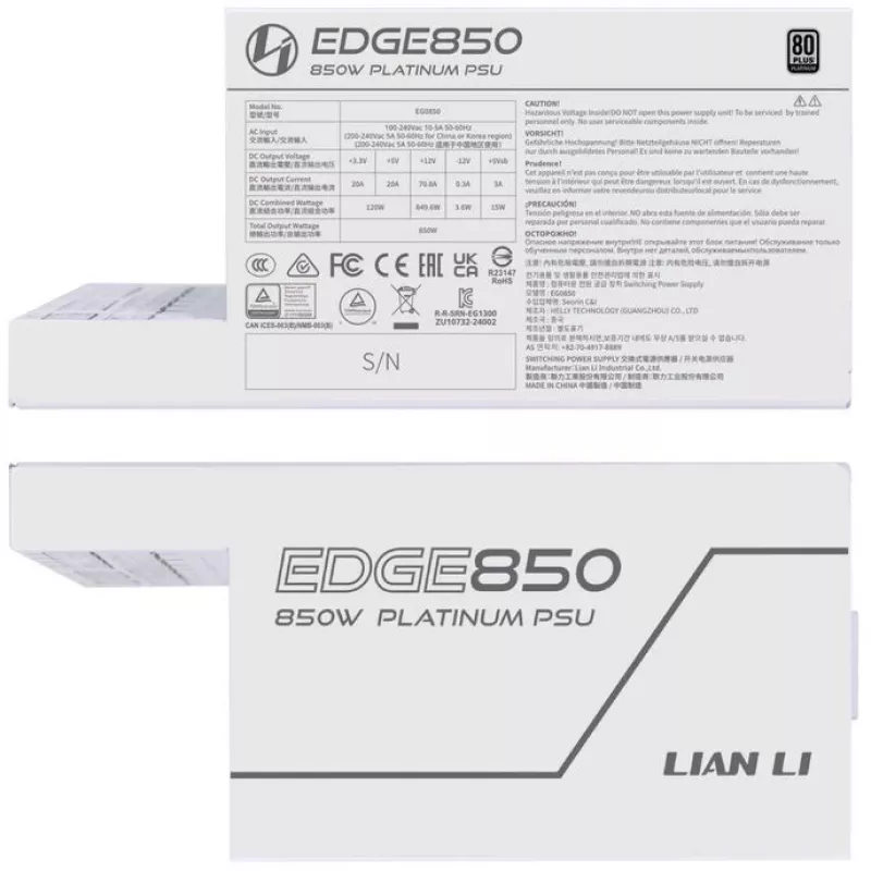 Fuente de alimentación Lian Li EDGE EG0850 de 850 W, 80 PLUS Platinum, ATX 3.1, PCIe 5.1, blanca