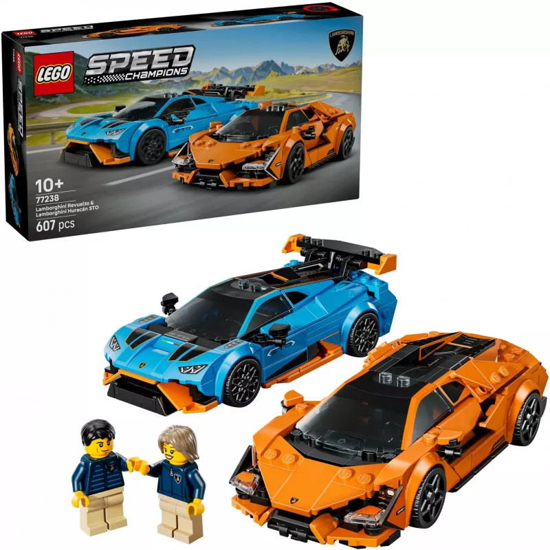 Set de construcción LEGO Speed Champions 77238 — Lamborghini Revuelto y Huracán STO, 607 piezas, 2 minifiguras, edad recomendada 10+