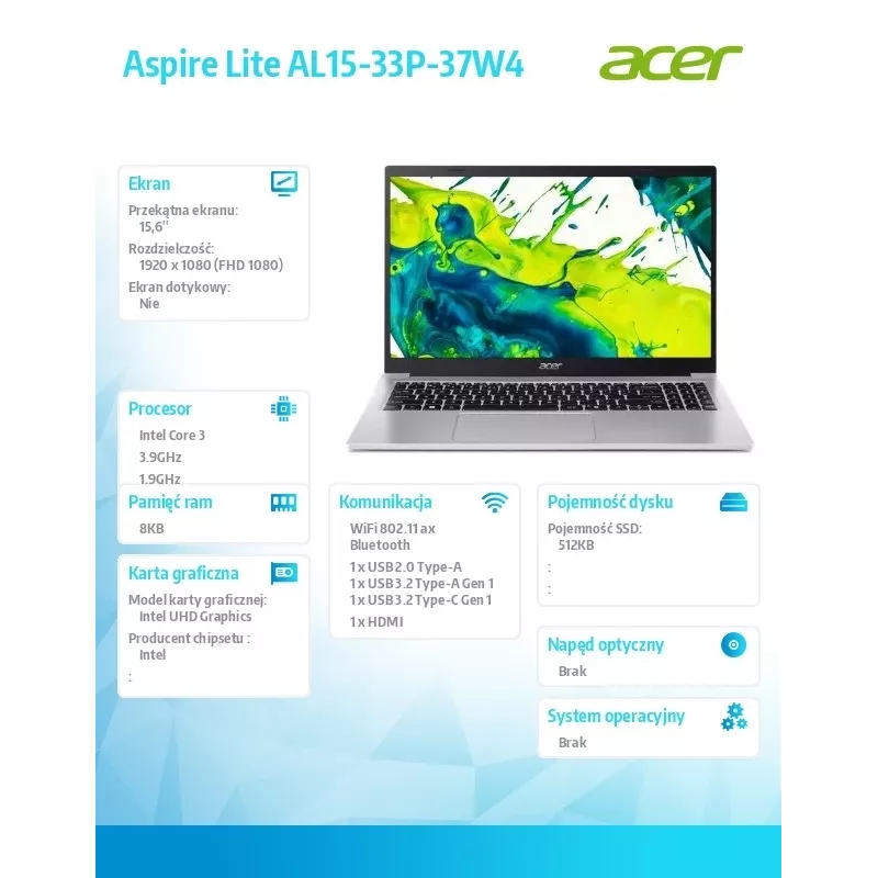 Portátil Acer Aspire Lite Core i3 N355, pantalla de 39,6 cm (15,6