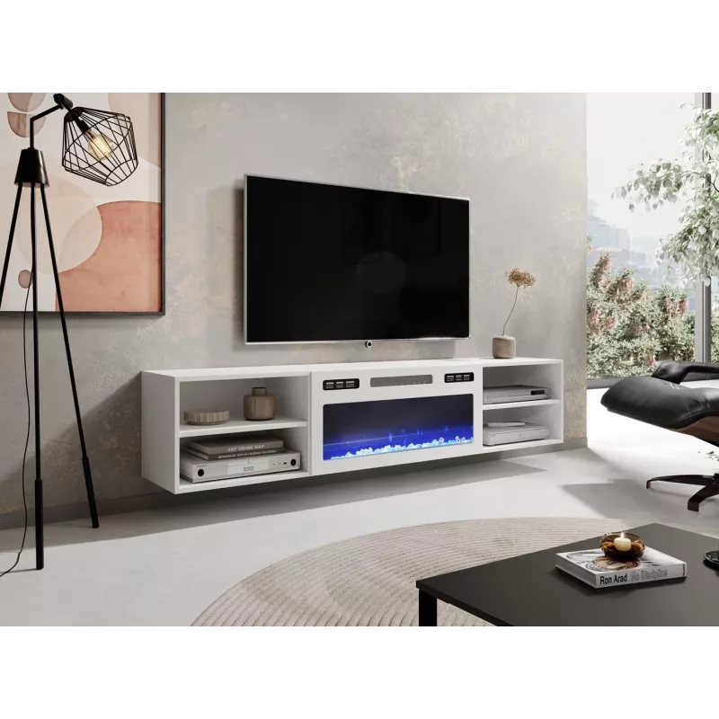 Mueble TV POLO 180x33x39 blanco + chimenea blanca