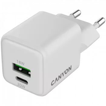 Cargador Canyon CU20AC GaN 20W PD, 2 puertos (USB-A/USB-C) WH venta al por menor (CNS-CUW20AC)
