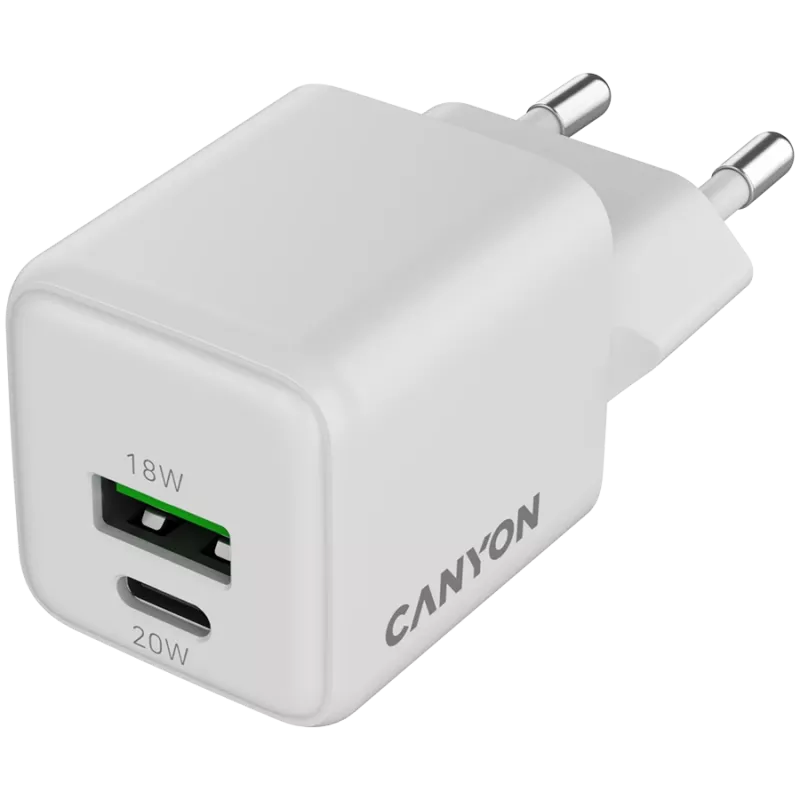 Cargador Canyon CU20AC GaN 20W PD, 2 puertos (USB-A/USB-C) WH venta al por menor (CNS-CUW20AC)