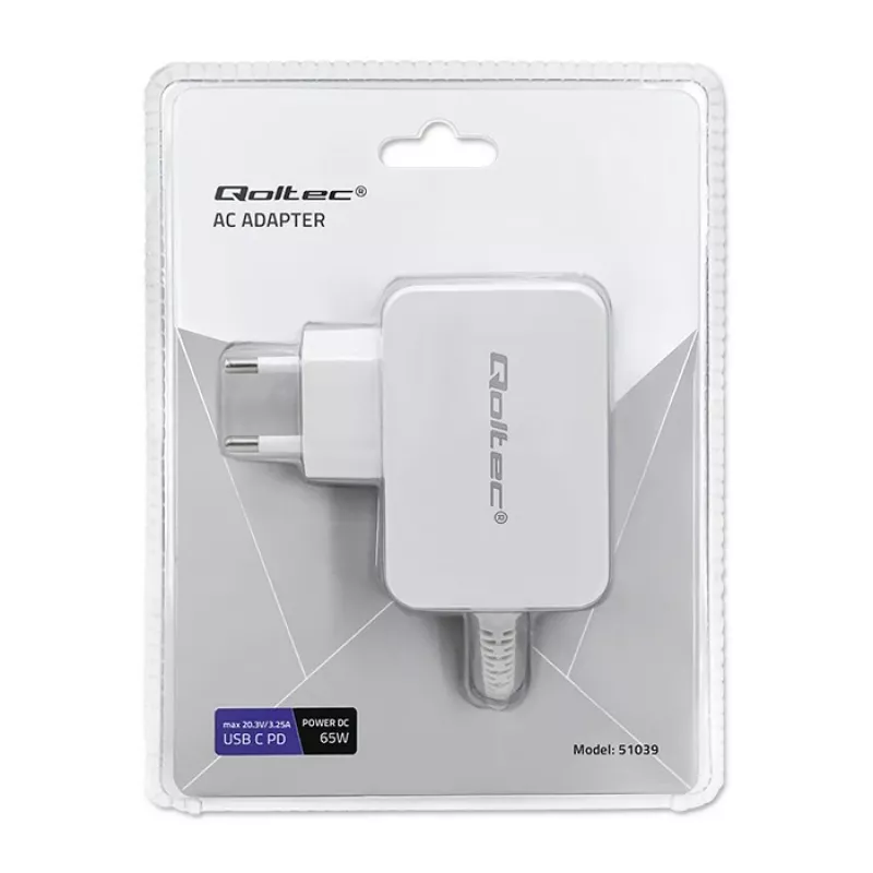 Qoltec 51039 adaptador de corriente 65 W USB-C PD, 5–20,3 V, 2–3,25 A, cable USB-C integrado, blanco