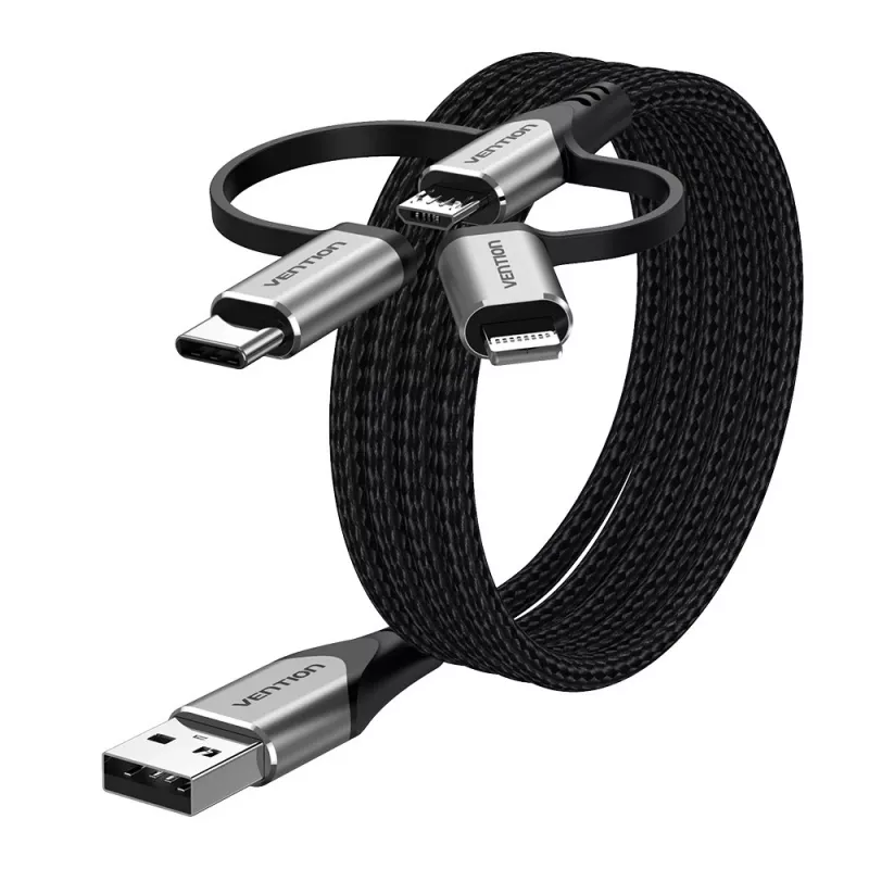 Cable Vention USB 2.0 conector macho A a conector macho 3 en 1 Micro-B&USB-C&Lightning 1M Gris Aleación de aluminio