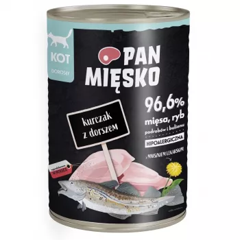 Comida húmeda para gatos Pan Mięsko pollo con bacalao 400 g – adult, sin cereales, para gatos alérgicos