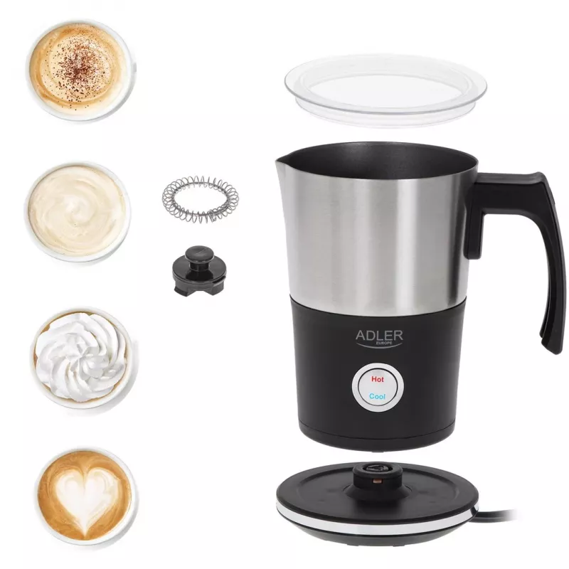 Espumador de leche automático Adler AD 4497 – acero inoxidable, 600W, 120 ml de espuma / 300 ml de calentamiento, caliente y frío