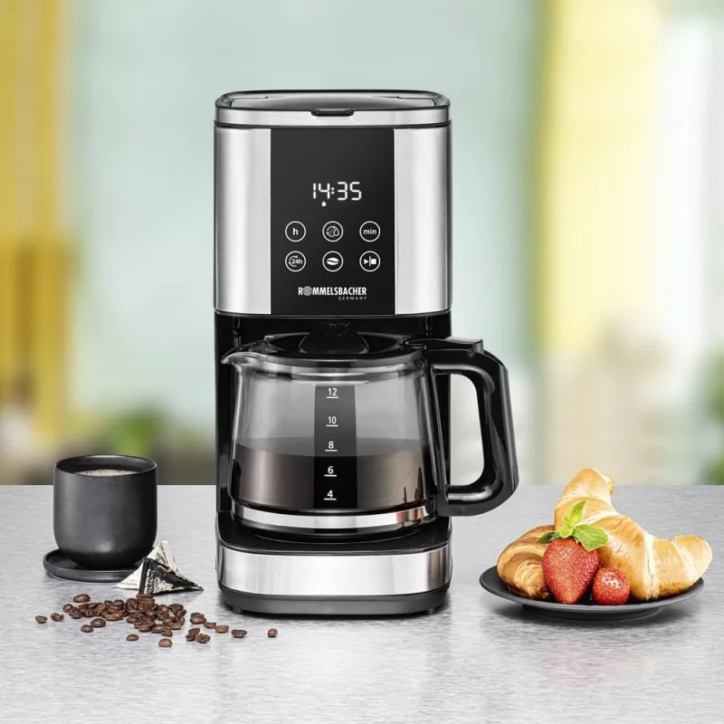 Cafetera de filtro Rommelsbacher FKM1000, depósito de agua de 1,5 L, 12 tazas, acero inoxidable/negro