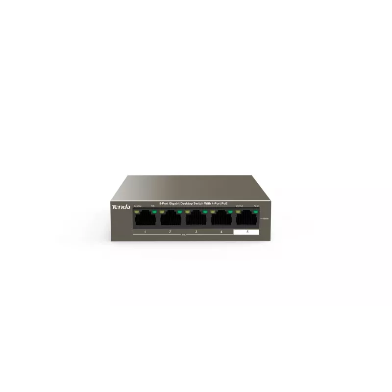 Switch de red TENDA TEG1105P-4-63W-EU, 5x Gigabit RJ-45, 4x PoE (57,8 W en total), 10 Gbit/s conmutación