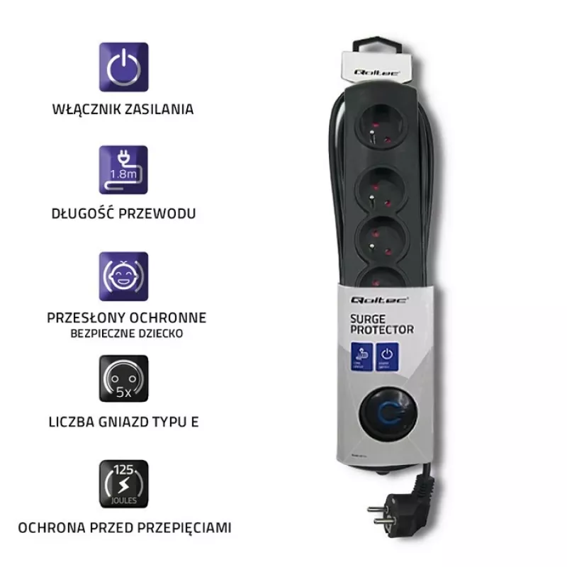 Protector contra sobretensiones Qoltec 50269 Negro 5 tomas AC 230V
