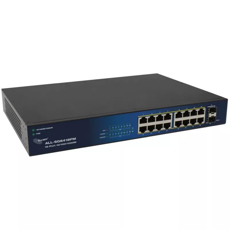 Switch PoE ALLNET 16+2P ALL-SG8418PM – 18 puertos Gigabit, 16 puertos PoE, 2 puertos uplink